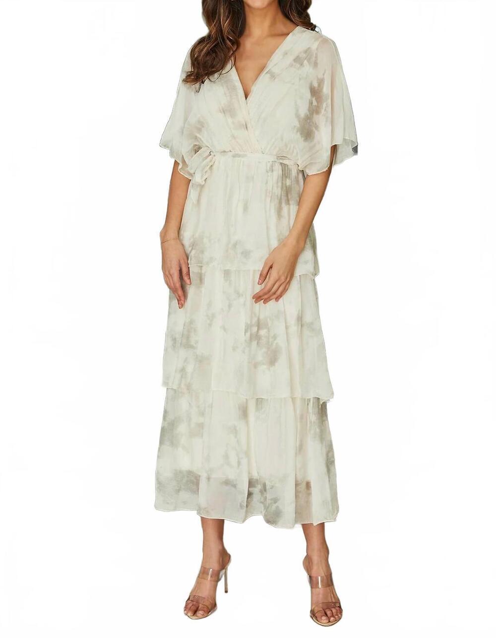 NEW MILIO MILANO splatter print empire waist tiered silk dress in beige